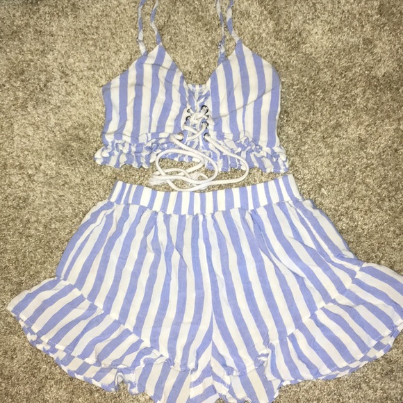 blue and white striped 2 piece outfit